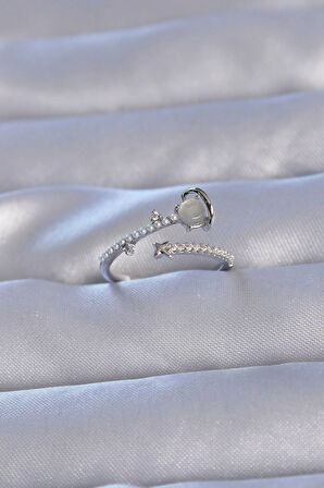 Dodes Dodes Pirinç Gümüş Renk Zirkon Taşlı İncili Satürn Model Ayarlanabilir Yüzük TG27BYK3222