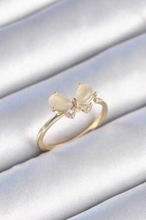 Dodes Pirinç Gold Renk Beyaz Mineli Zirkon Taşlı Kelebek Model Kadın Yüzük TG27BYK3464