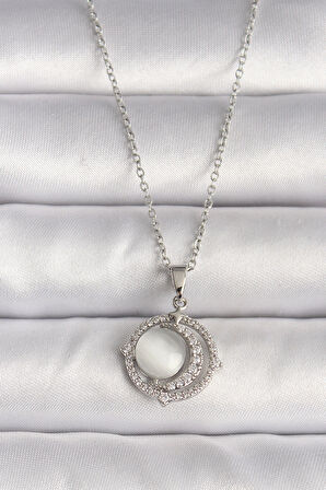 Dodes Dodes 316L Çelik Gümüş Renk Zirkon Taşlı Beyaz Sedefli Hilal Model Kadın Kolye TG27BKO9702