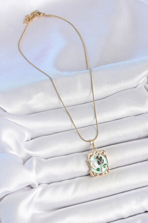 Dodes Dodes 316L Çelik Gold Renk Zincir Mavi Mineli Çiçek İşlemeli İnci Detay Portre Model Kadın Kolye TG27BKO10186