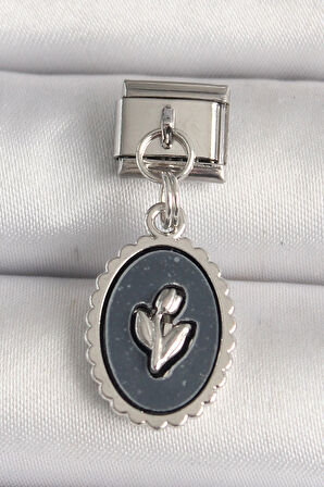 Dodes 316L Çelik Gümüş Renk Çiçek İşlemeli Siyah Portre Model Nomination Charm TG27BC1215