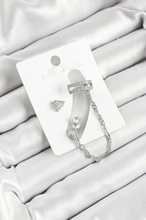 Dodes Pirinç Üçgen Figürlü Zirkon Taşlı Gümüş Renk 3'lü Kıkırdak Kadın Küpe Set TG27BKP10658