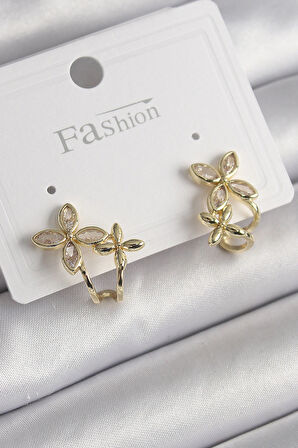 Dodes Dodes Pirinç Gold Renk Zirkon Taşlı 2'Li Çiçek Model Kadın Küpe TG27BKP9961