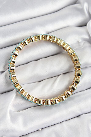 Dodes Dodes Pirinç Zirkon Taşlı Turkuaz Nazar Model Gold Renk Lastikli Kadın Bileklik TG27BB7496