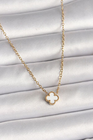Dodes Dodes 316L Çelik Gold Renk Beyaz Yonca Model Kadın Kolye TG27BKO10019