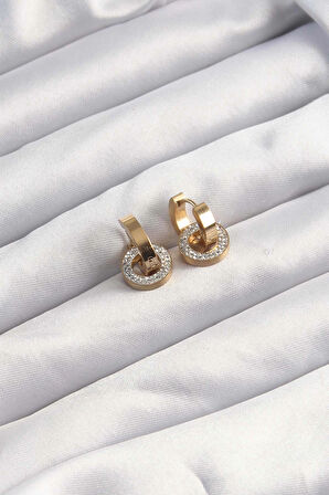 Dodes 316L Çelik Altın Renk Zirkon Taşlı Halka Model Küpe TG27BKP9499