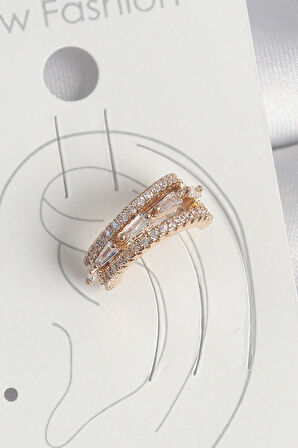 Dodes Pirinç Gold Renk Zirkon Taşlı 3'Lü Sıralı Model Kadın Kıkırdak Küpe TG27BKP10580