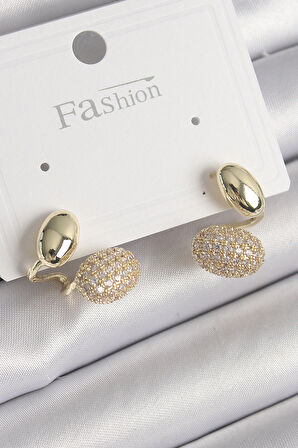 Dodes Dodes Pirinç Gold Renk Zirkon Taşlı Bombeli Model Kadın Küpe TG27BKP9754