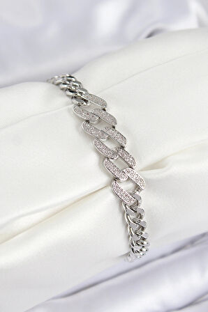 Dodes Dodes Pirinç Zirkon Taşlı Ezme Küba Zincir Model Gümüş Renk Kadın Bileklik TG27BB7550