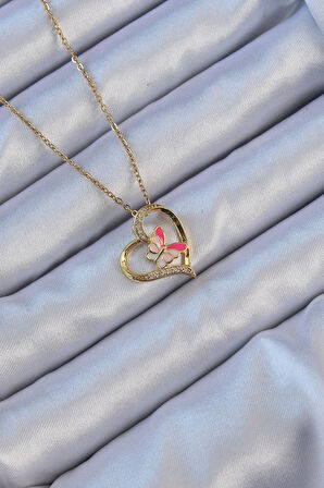 Dodes Dodes 316L Çelik Zincir Altın Renk Mineli Kelebek Figür Zirkon Taşlı Kalp Kolye TG27BKO9107