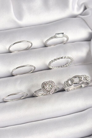 Dodes Pirinç Gümüş Renk Zirkon Taşlı Kalp Model Kadın Yüzük Kombini TG27BYK3661