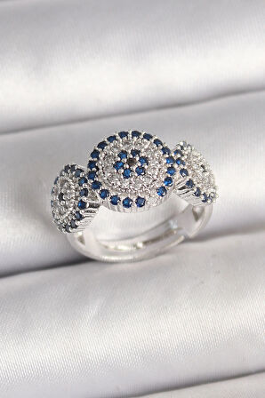 Dodes Pirinç Gümüş Renk Zirkon Taşlı Nazar Boncuk Model Ayarlanabilir Kadın Yüzük TG27BYK3699