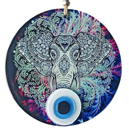 Dodes Fil Figürlü Nazar Boncuklu Füzyon Cam Duvar Süsü