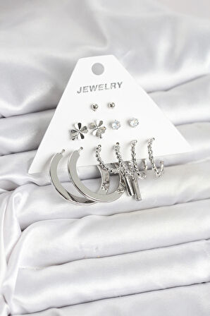 Dodes Dodes Pirinç Gümüş Renk 6 Çift Kadın Küpe Seti TG27BKP11340