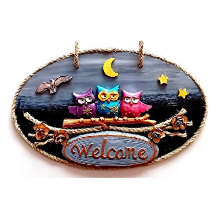 Dodes Renkli Baykuşlu Welcome Yazılı El Yapımı Kapı Süsü