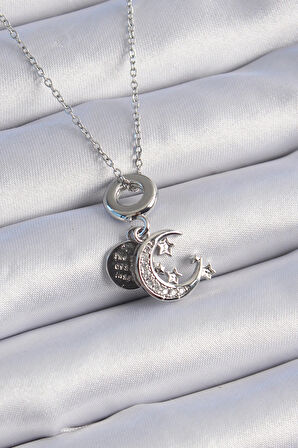 Dodes Dodes 316L Çelik Gümüş Renk Zirkon Taşlı Ay Yıldız  Figür Charm Model Kadın Kolye TG27BKO9311