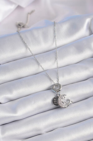 Dodes Dodes 316L Çelik Gümüş Renk Zirkon Taşlı Ay Yıldız  Figür Charm Model Kadın Kolye TG27BKO9311