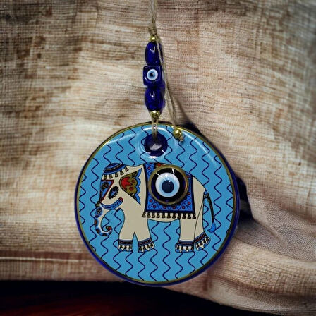 Dodes Yaldızlı Fil Modelli Nazar Boncuklu Duvar Süsü Mavi Camlı Duvar Dekoru