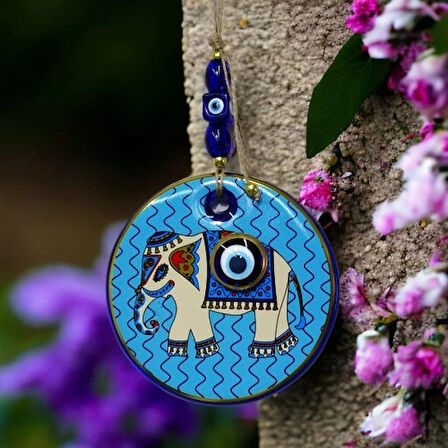 Dodes Yaldızlı Fil Modelli Nazar Boncuklu Duvar Süsü Mavi Camlı Duvar Dekoru