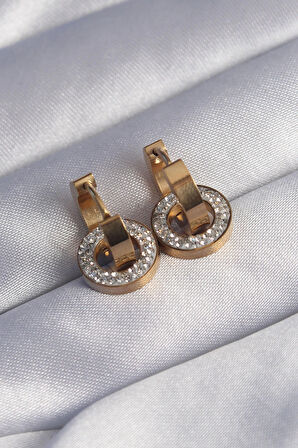 Dodes Dodes 316L Çelik Gold Renk Zirkon Taşlı İç İçe Geçmeli Oval Küpe TG27BKP9014