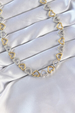 Dodes Dodes Vip Seri Pirinç Çift Renk Zirkon Taşlı İçi Boş Kalp Tasarımlı Kolye TG27BKO8870