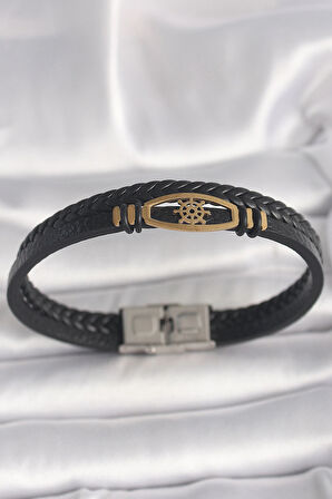Dodes 316L Çelik Gold Renk Gemi Dümen Figür Siyah Renk Çift Sıra Burgu Desenli Deri Kordon Erkek Bileklik TG27EB3706
