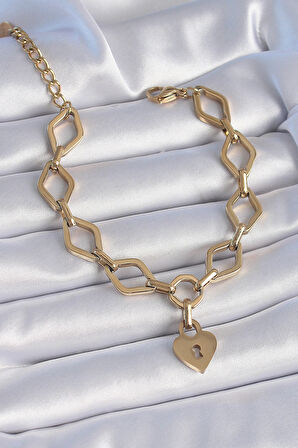 Dodes 316L Çelik Gold Renk Zincir Model Kilit Kalp Figür Kadın Bileklik TG27BB6434