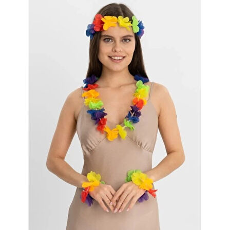 Dodes Rengarenk Hawaii Kolye Taç Bileklik Seti 4 Parça
