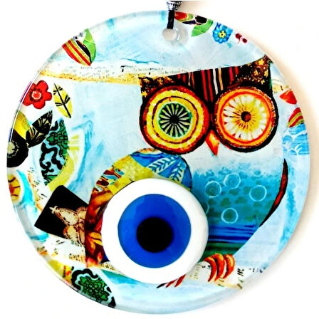 Dodes Bilgin Baykuş Nazar Boncuklu 12 Santimetre Füzyon Cam Duvar Süsü