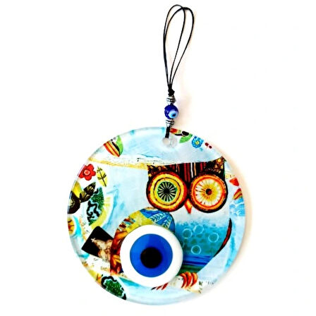 Dodes Bilgin Baykuş Nazar Boncuklu 12 Santimetre Füzyon Cam Duvar Süsü