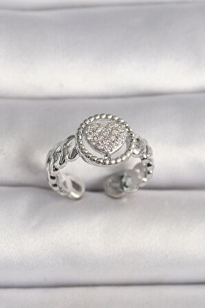 Dodes Pirinç Gümüş Renk Zincir Model Zirkon Taşlı Kalp Model Kadın Yüzük TG27BYK3587