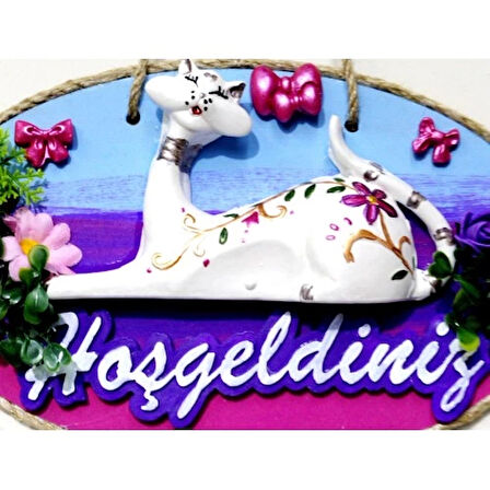 Dodes Kedi Figürlü Hoşgeldiniz Yazılı El Boyaması Renkli Kapı Süsü