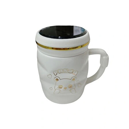 Dodes Ayna Kapaklı Panda Desenli Porselen Kupa Bardak Beyaz Kupa Bardak