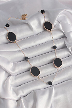 Dodes Pirinç Gold Renk Siyah Renk Oval Siyah Küp Detay Kadın Kolye TG27BKO9625