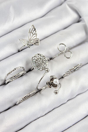 Dodes Dodes Pirinç Gül Kelebek Model Gümüş Renk Kadın Yüzük Kombin Set TG27BYK3811