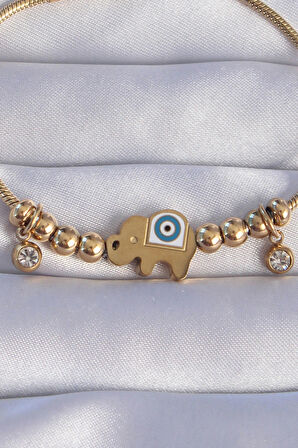 Dodes Dodes 316L Çelik Gold Renk Zirkon Taşlı Nazarlı Fil Tasarımlı Bileklik TG27BB6202