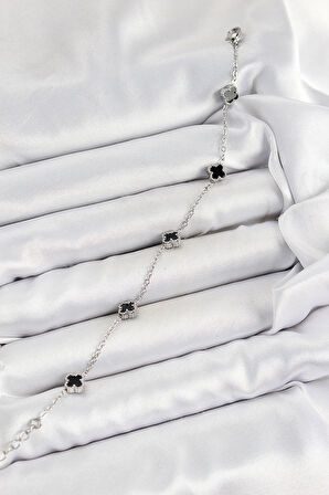 Dodes 316L Çelik Siyah Sedef Yonca Model Gümüş Renk Kadın Bileklik TG27BB7360