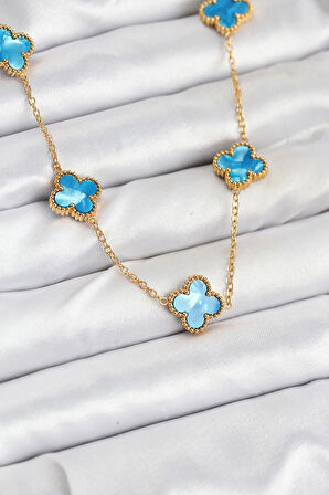 Dodes Dodes 316L Çelik Zincir Gold Buz Mavisi Renk Yonca Kolye TG27BKO10566