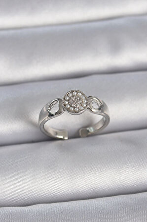 Dodes Dodes Pirinç Gümüş Renk Zirkon Taşlı İncili Kalp İşleme Detay Ayarlanabilir Model Kadın Yüzük TG27BYK3359