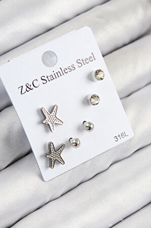 Dodes 316L Çelik Zirkon Taşlı Deniz Yıldızı Model Gümüş Renk Kadın Set Küpe TG27BKP11120