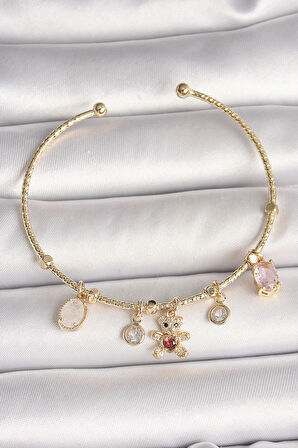 Dodes Pirinç Gold Renk Sallantı Zirkon Taşlı Ayıcık Figür Kırmızı Kalp Detay Charm Kadın Bileklik TG27BB6896