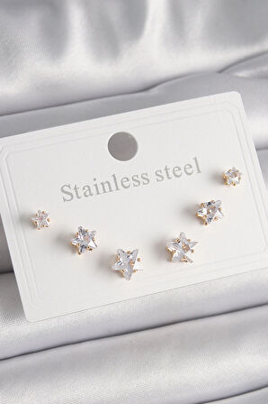 Dodes Dodes 316L Çelik Gold Renk Zirkon Taşlı Yıldız Model Kadın Küpe Seti TG27BKP9882