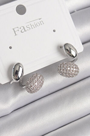 Dodes Pirinç Gümüş Renk Zirkon Taşlı Bombeli Model Kadın Küpe TG27BKP9753