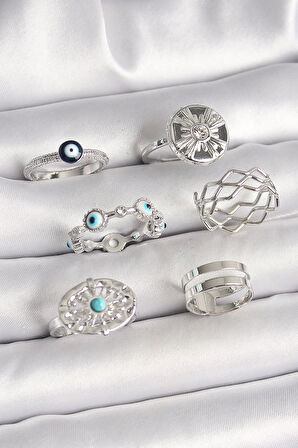 Dodes Pirinç Gümüş Renk Nazar Boncuk Zirkon Taş Detaylı Dalga Figür Kadın Yüzük Kombini TG27BYK3653