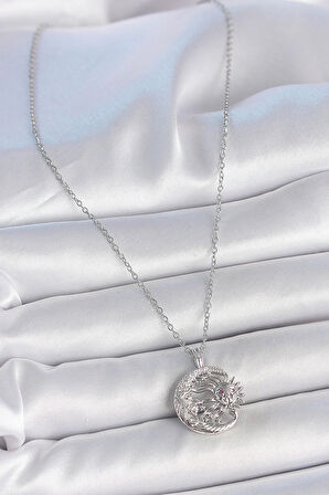 Dodes 316L Çelik Gümüş Renk Zincir Ay Güneş Model Zirkon Taş Detay Kadın Kolye TG27BKO10056