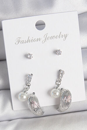 Dodes Dodes Pirinç Gümüş Renk Sallantılı Zirkon Taşlı Damla Model 3 Çift Kadın Küpe Seti TG27BKP10593