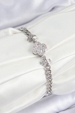 Dodes Dodes Pirinç Zirkon Taşlı Yonca Model Gümüş Renk Kadın Bileklik TG27BB7898