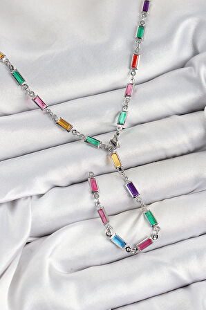 Dodes Dodes Pirinç Renkli Zirkon Taşlı Dikdörtgen Model Gümüş Renk Kadın Y Kolye TG27BKO10385