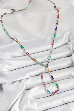 Dodes Dodes Pirinç Renkli Zirkon Taşlı Dikdörtgen Model Gümüş Renk Kadın Y Kolye TG27BKO10385