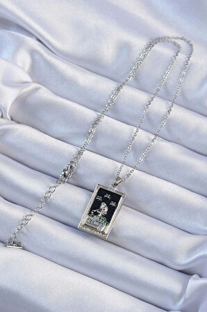 Dodes Dodes 316L Çelik Zincir Gümüş Renk Zirkon Taşlı Siyah Mineli Kız Figürlü Tarot Kolye TG27BKO9228